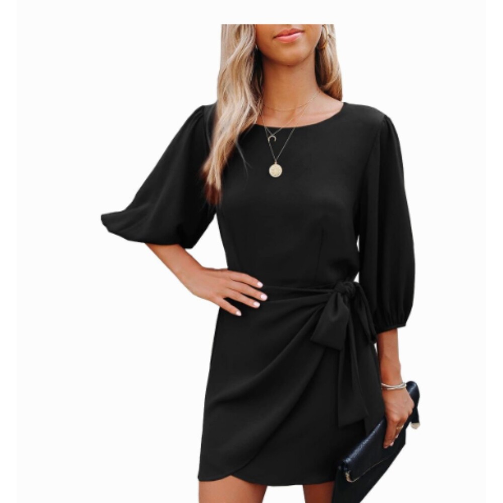 HOSIKA Round Neck 3/4 Sleeves Black Tie Waist Wrap Mini Dress with Belt Sz L